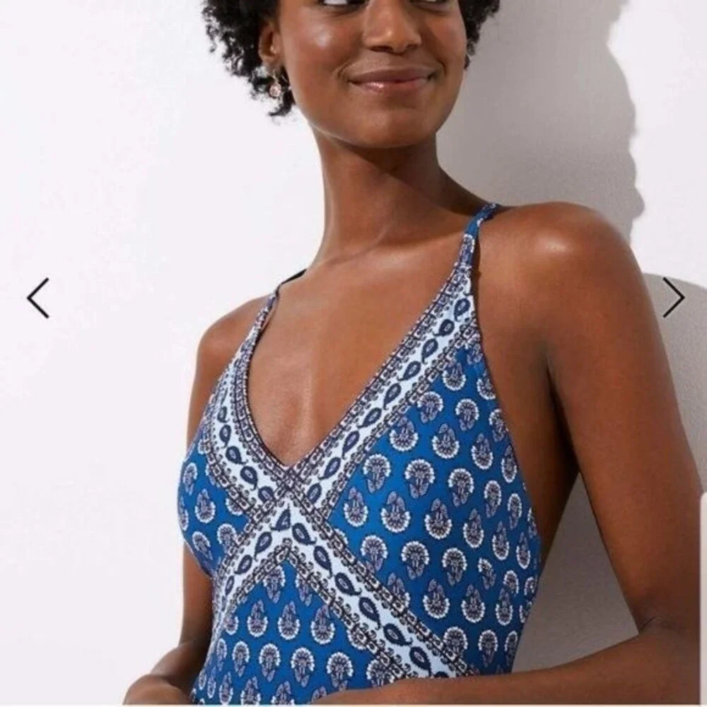 LOFT Beach Paisley Halter V-Neck Cross Back Strap One-Piece Swimsuit